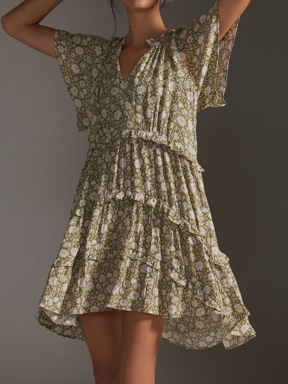 Floral Tiered V-Neck Dress in Green